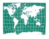 LINOCUT PRINT - world map TURQUOISE blue green letterpress poster 8x10