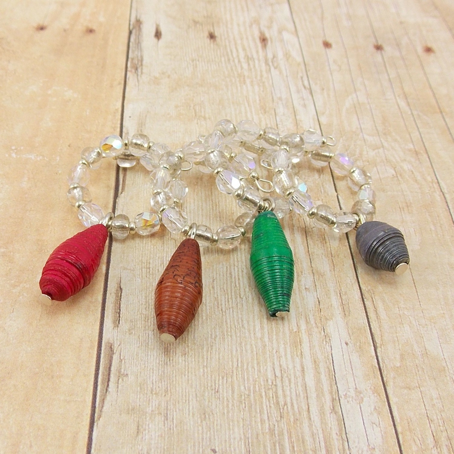 Paper Bead Wine Glass Charms Set of 4 - Green, Gray, Brown and Red