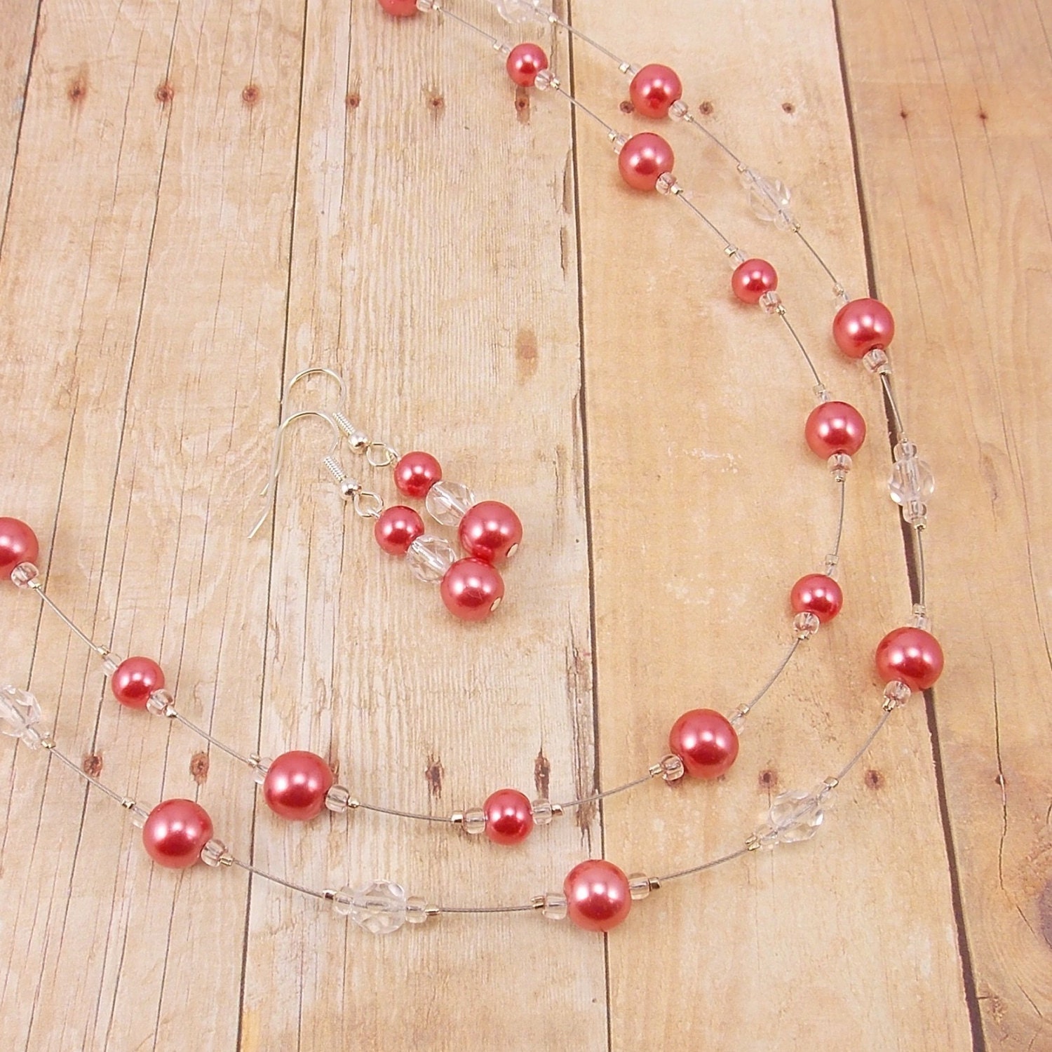 Necklace and Earring Set - Double Strand Glass Pearl - Cranberry - Salmon - Pink