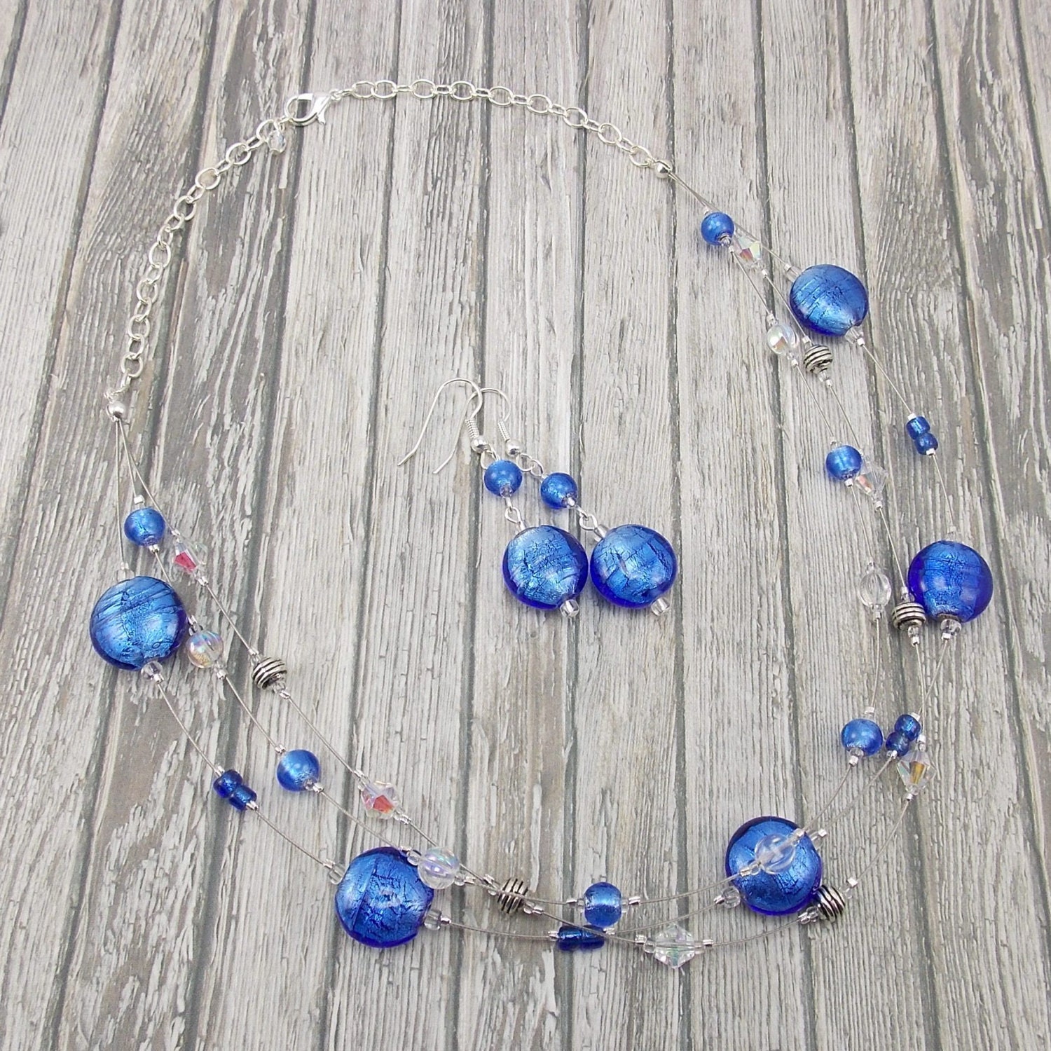 Necklace & Earring Set - Silver Lined Royal Blue 3-Strand - Cobalt