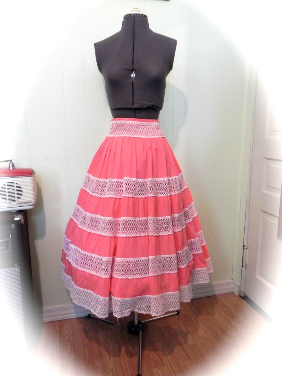 Vintage 50s Calipso Coral Gab Swing Skirt with Netted Stripes Size Med