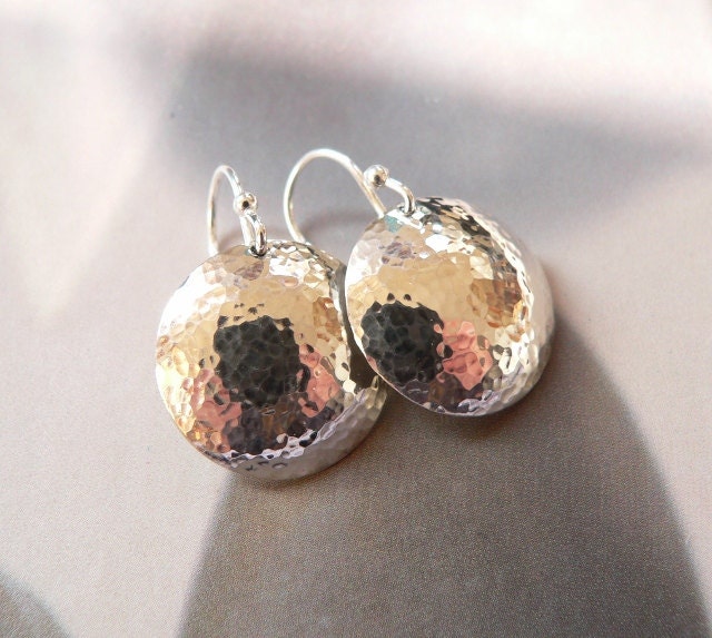 Hammered silver disc earrings, shiny Sterling silver earrings, elegant dangle earrings, natural jewelry