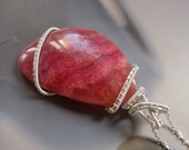 Rhodochrosite Sterling silver pendant, Wire wrapped necklace, OOAK jewelry