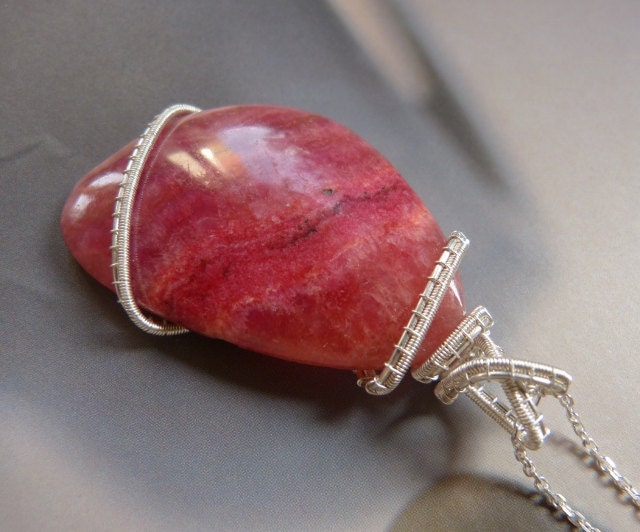 Rhodochrosite Sterling silver pendant, Wire wrapped necklace, OOAK jewelry