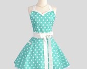 Sweetheart Retro Apron . Sexy  Womens Apron Soft Teal and White Dot Cute Full Kitchen Apron