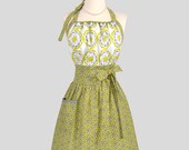Cute Kitsch Retro Apron . Full Kitchen Womens Apron Handmade Chartreuse and Gray Kimono Asian Design Fabric