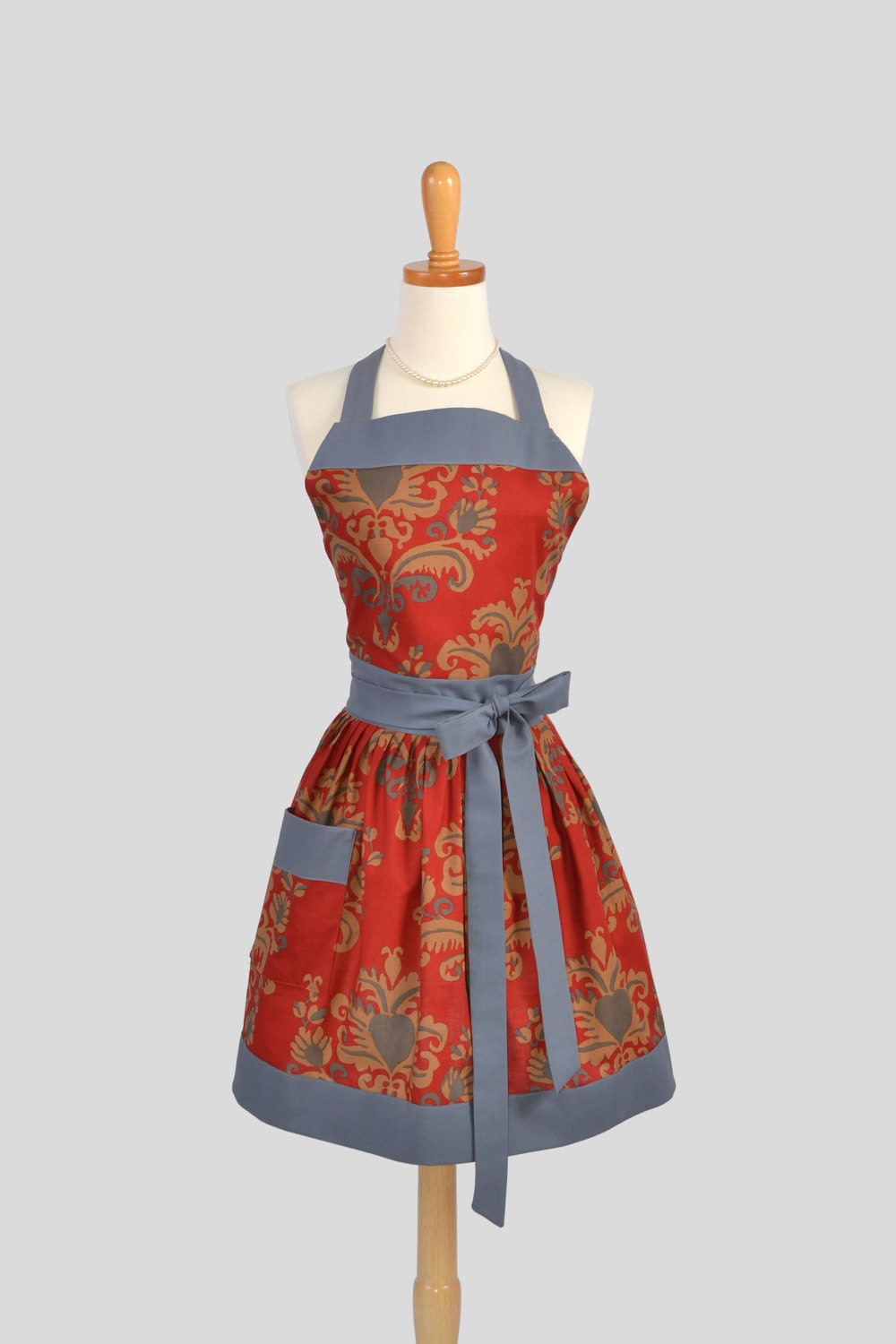Womens Bib Full Apron : Full Kitchen Apron Burlesque Brocade Rust with Gray Kona Perfect for Monogram or Personalization