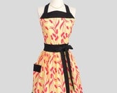 Womens Bib Full Apron : Full Kitchen Apron in Vintage Cat Tail with Yellow Background Perfect for Monogram or Persoalization