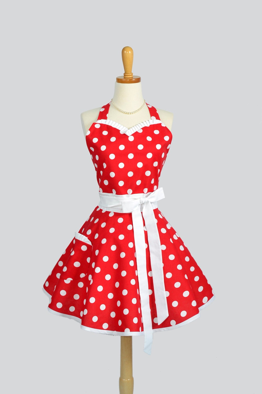 Sweetheart Retro Apron : Sexy Kitchen Apron Handmade in Cute and Firty Ruffles Red and White Polka Dot