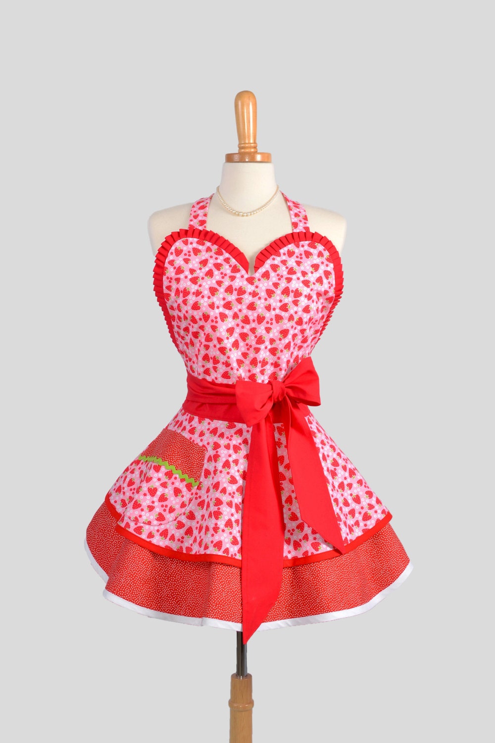 Sexy Retro Pinup Apron : Retro Ruffled Cute Red and Pink Strawberry Tea Party with Red Dot Trim
