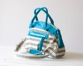 Messenger bag, handbag, shoulder purse  in stripe cotton canvas and Blue leather - Arethusa bag