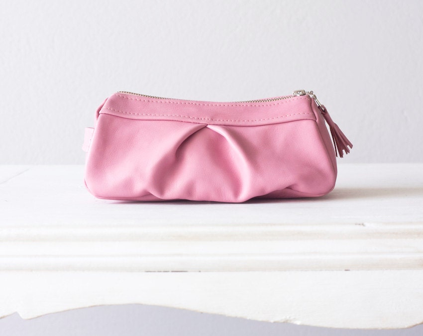 Pink Leather cosmetic bag   ,  leather makeup bag