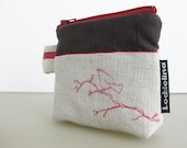 COIN PURSE chocolate brown taupe natural linen with embroidered bird on branch and burgundy zipper