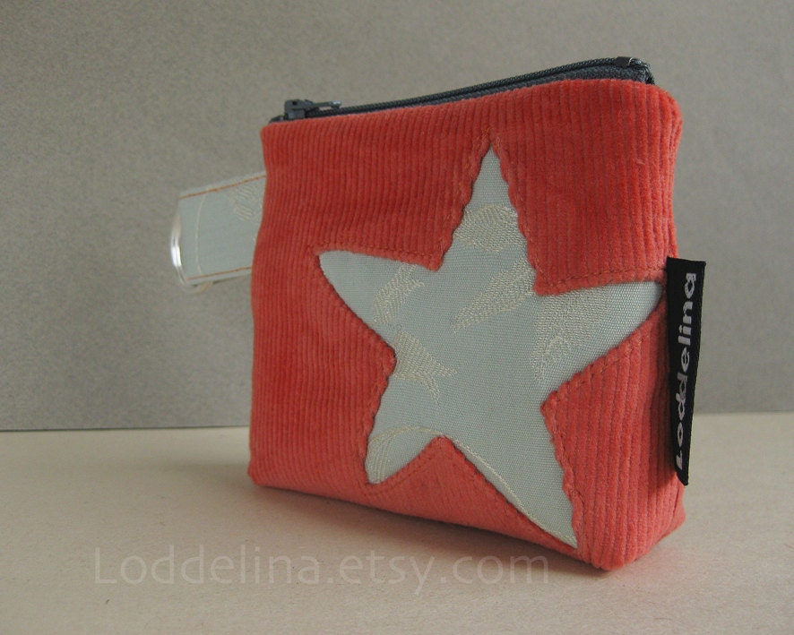 STAR coin purse in coral orange corduroy with pale aqua blue star applique