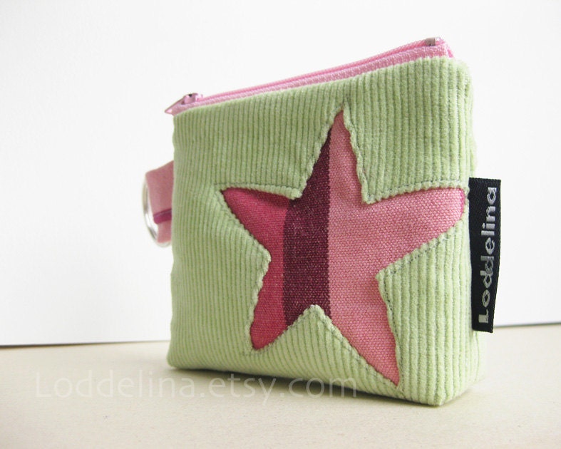 STAR coin purse in mint green corduroy with pink purple star applique