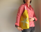 Hobo tote in bright yellow chenille and pink with mint green starfish applique - PUPA