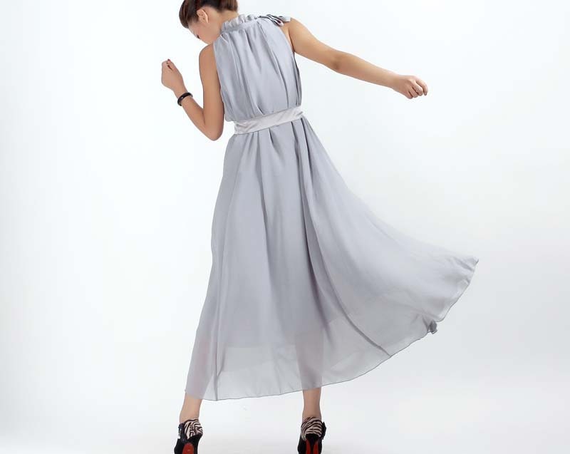 Gray chiffon maxi prom dress (0235)