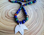 Elf Silver Real Grandular Leaf Rudraksha Pyrite Malachite Lapis Seed Wood Necklace