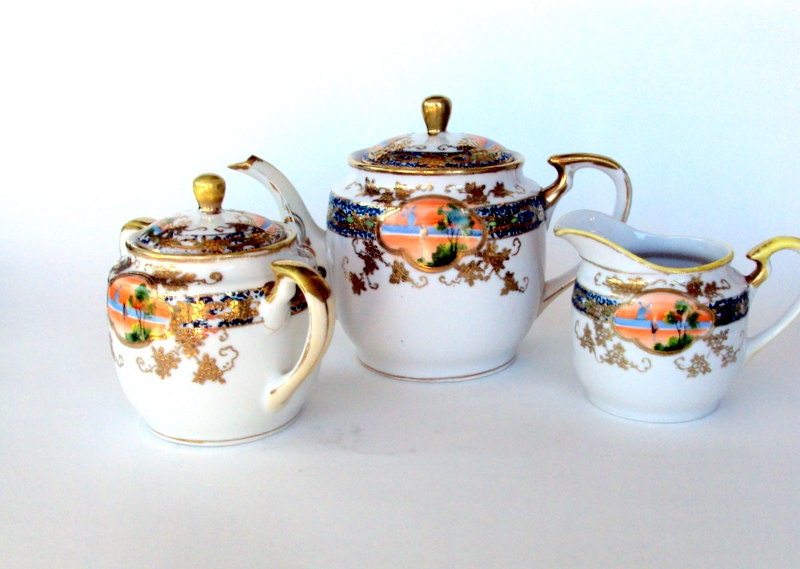 Vintage Paulownia Nippon Flower Crest,  Bone China Tea set, Handpainted, 22K gold ,Portrait scene,1922,  I take CREDIT CARDS