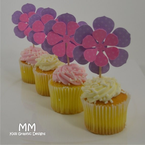 Flower Theme - 20 Cupcake Toppers - Personalized - Birthday - Baby Shower - Bat Mitzvah Il_570xn