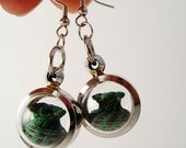 Dangle Earrings, Horsehair  Jewelry, Locket, Bubble, Green and Brown
