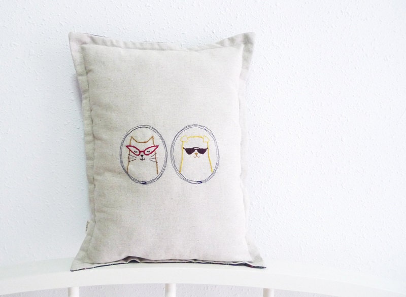 Cat and Dog - Embroidered Animal Pillow