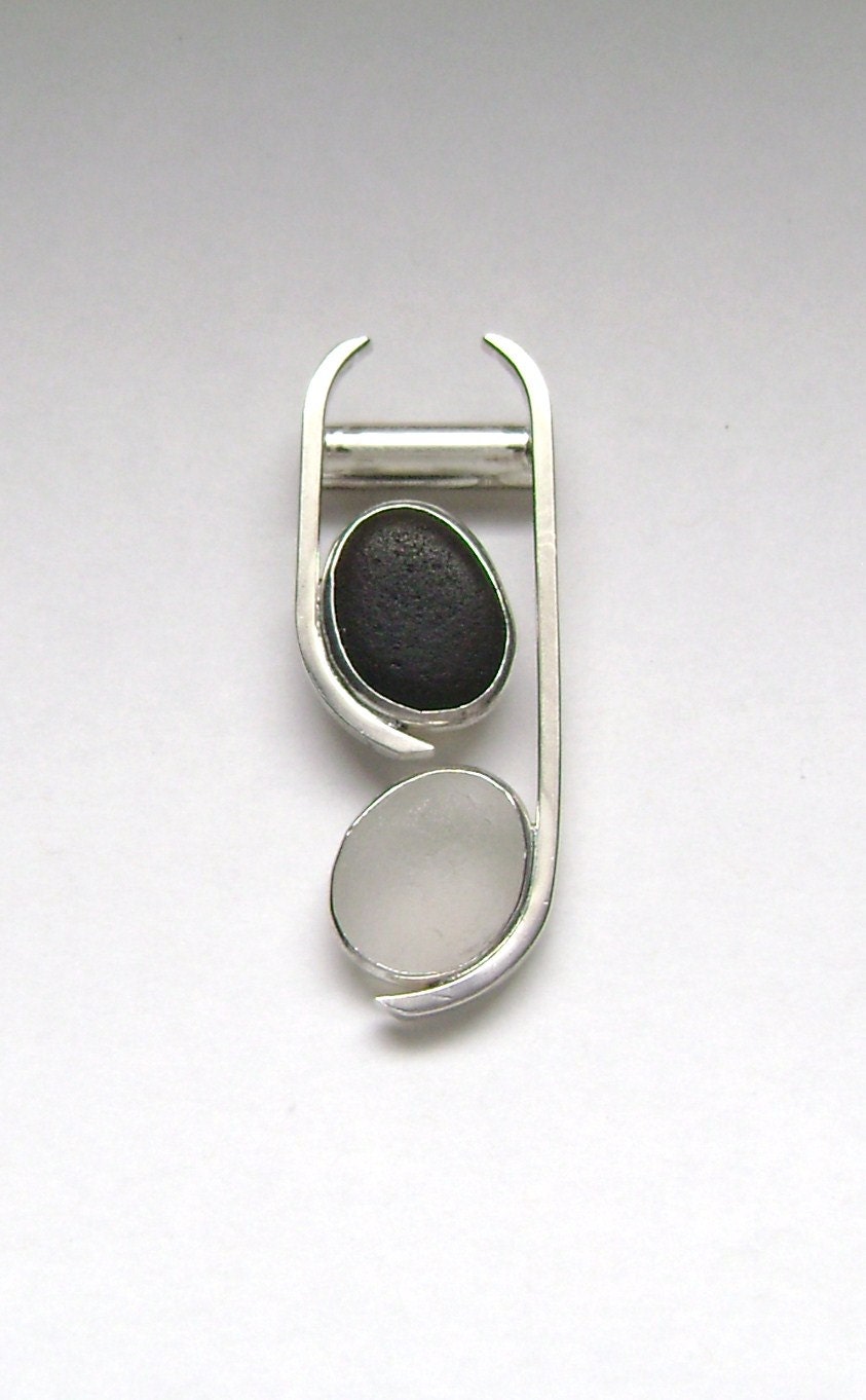 Sea Glass Jewelry - Sterling White and Rare Black English Sea Glass Pendant