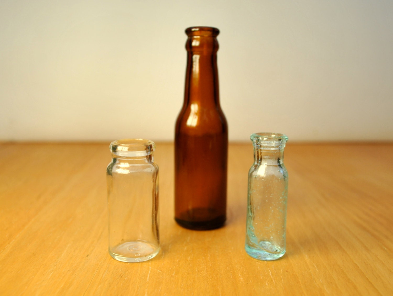 Vintage small bottles 3 various brown, clear, mint