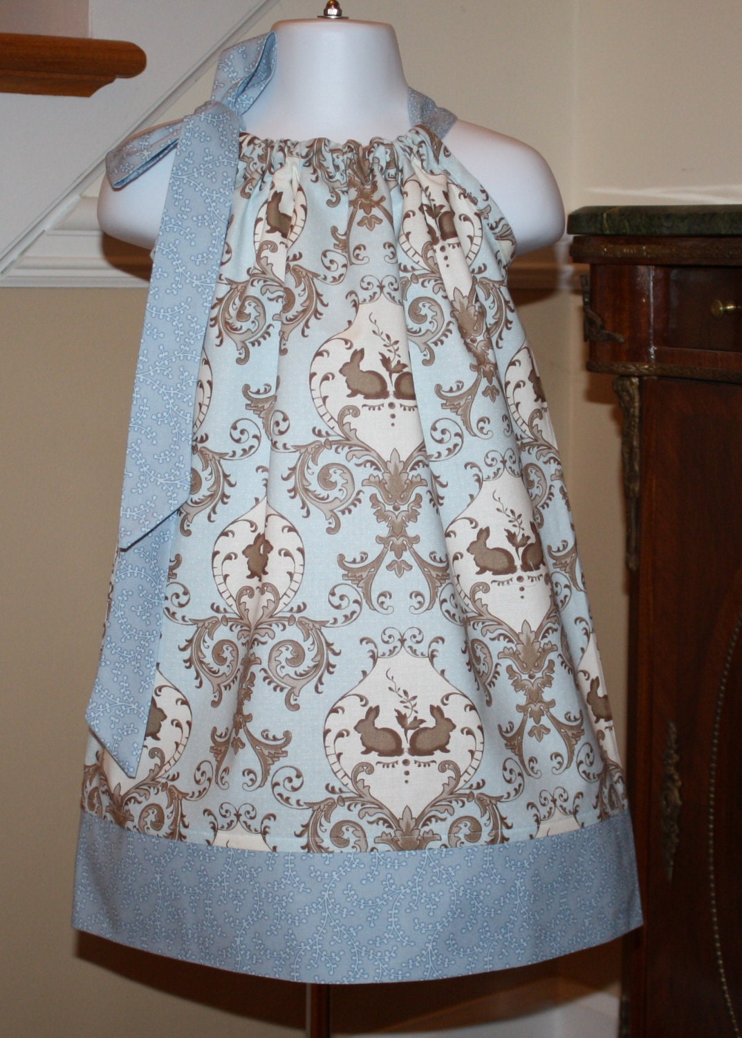 girls Easter Pillowcase dress Lily and Will twin Bunny Rabbit Easter dress in Blue toile by Blake and Bailey