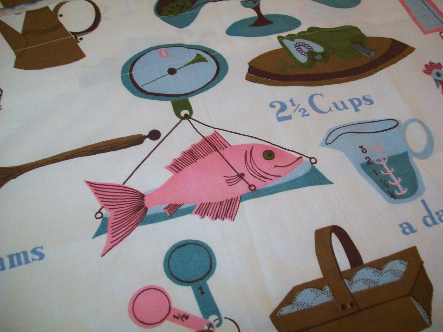 1 vintage curtain, valance, midcentury, 1960s, kitchen, pink, blue, fish, hen, fabric, supplies, material, decor