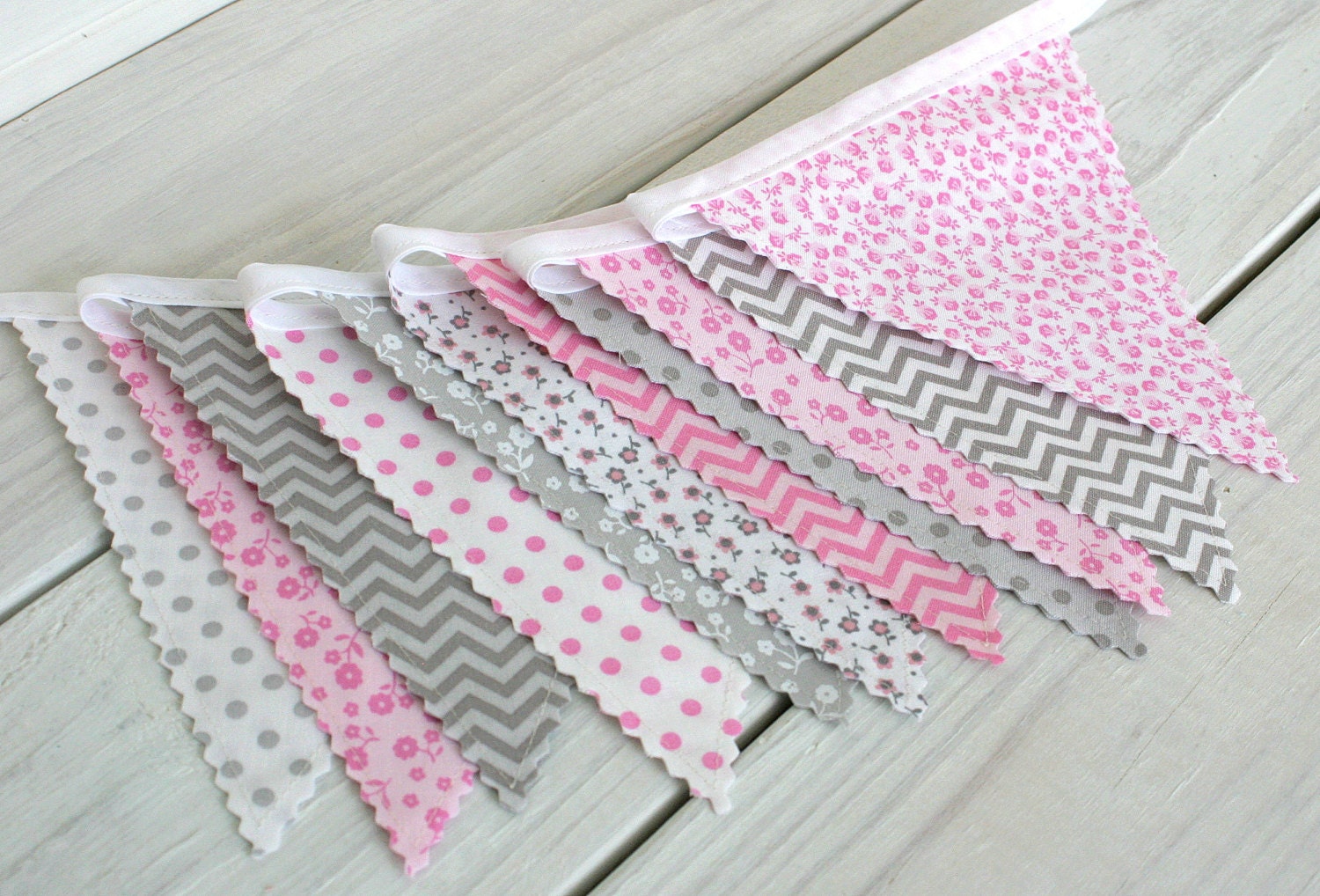 Baby Bunting Fabric Banner Fabric Flags  - Light Pink and Gray Chevron Dots Flowers - Ready to Ship