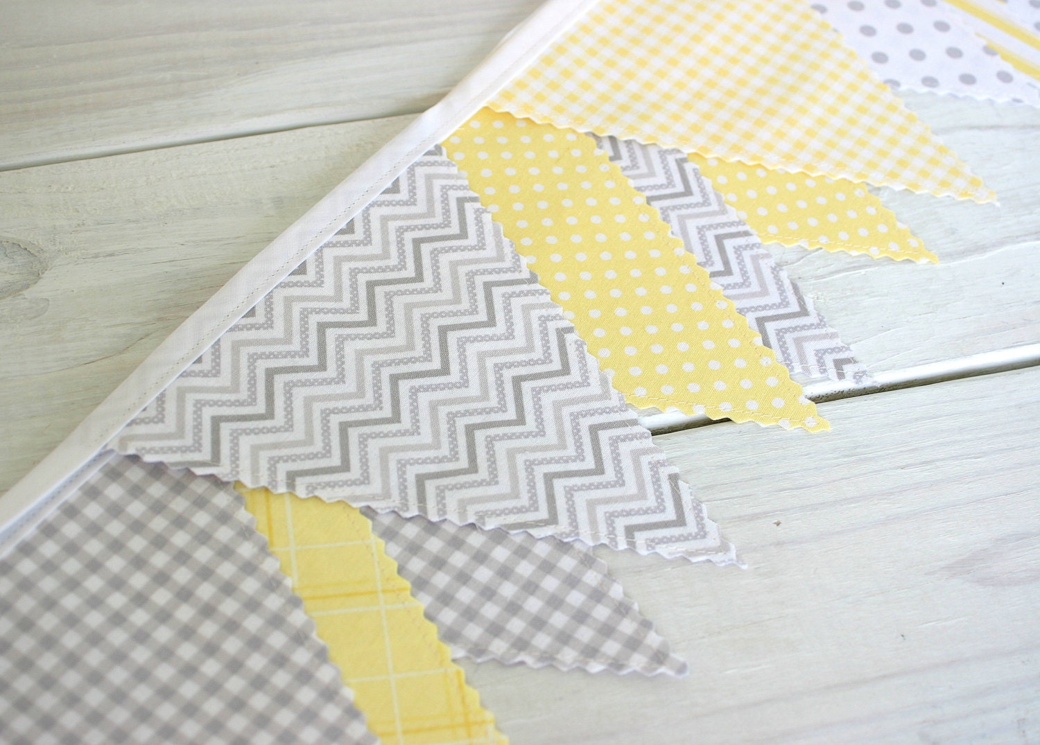Baby Bunting Fabric Banner Fabric Flags  - Yellow and Gray Chevron Dots Gingham - Ready to Ship