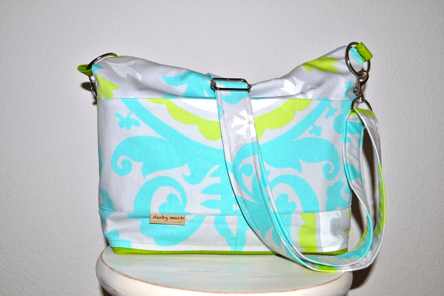 Camera bag made in the USA, Turquoise, Grey and Lime green upholstery weight Cotton / Cool Photography gear by Darby Mack Designs