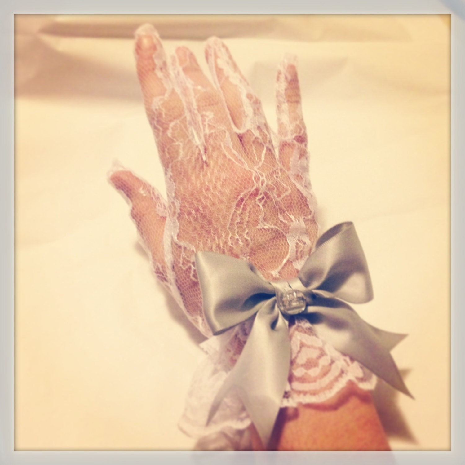 White Lace Diamond Bridal Bow Gloves Customize Your Color MADE TO ORDER