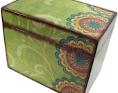 Recipe Box Decoupaged , Handcrafted, Kitchen Storage, Organization, Holds 4x6 Recipe Cards  MADE To ORDER Green Retro Mod