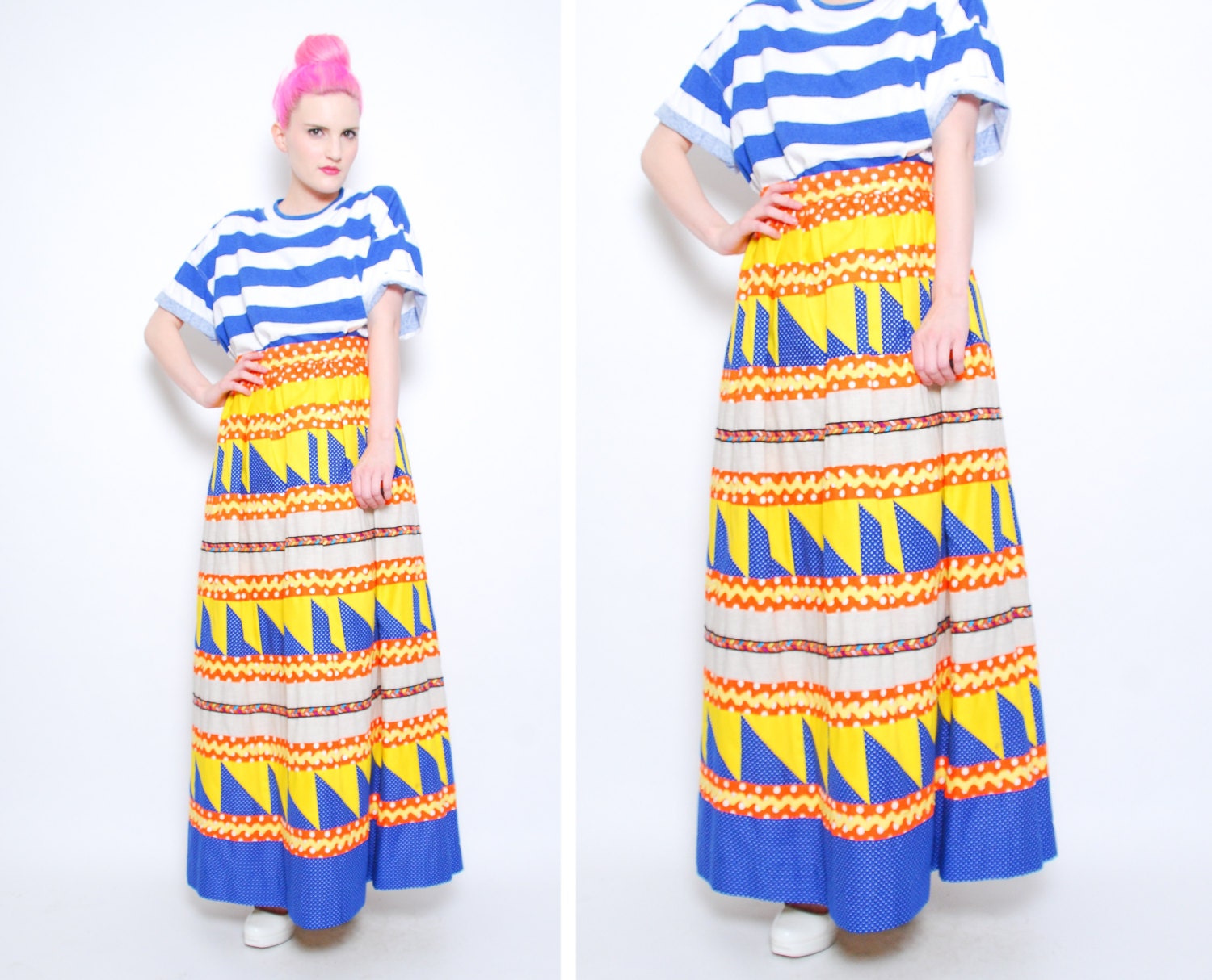 RARE 70s Mountain Artisan Quilted Maxi Skirt - 1970s Colorful Polka Dot High Waist Folk Festival Maxi Skirt - S 26