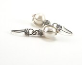 White Pearl Drop Earrings - Wedding Jewelry, Bridal Earrings, Birthstone Jewelry, Hammered Silver Earrings, June Birthstone