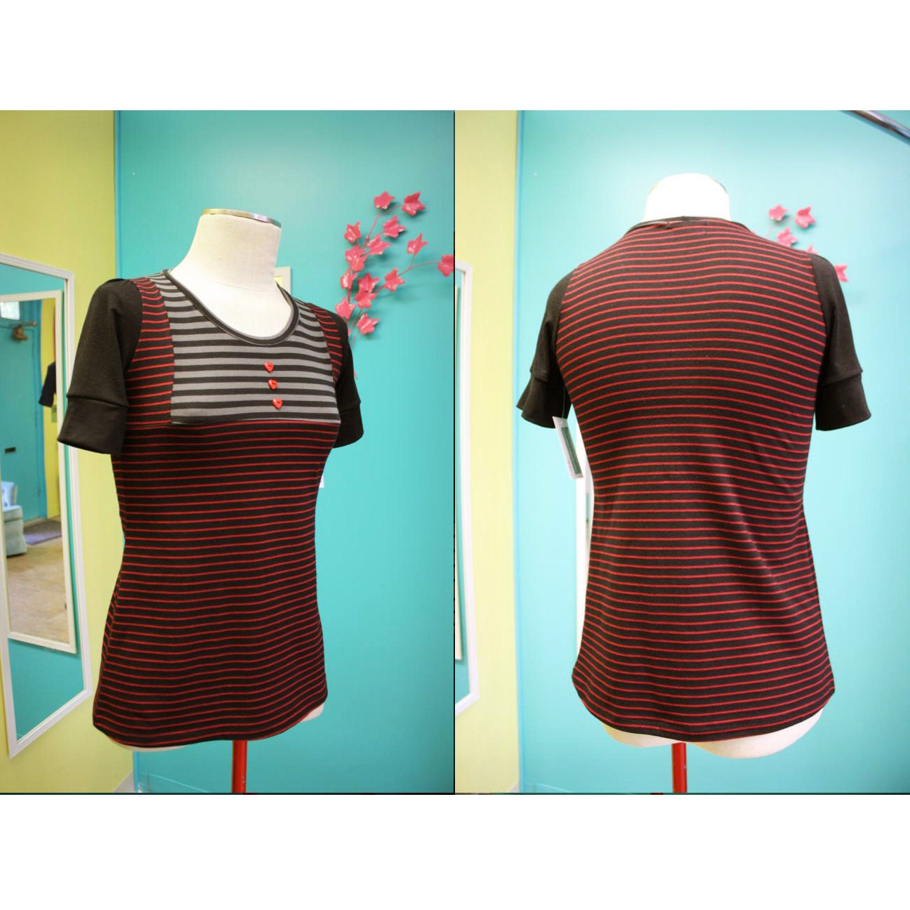 Red Black Gray striped Shirt w/ heart buttons - Size Small - handmade