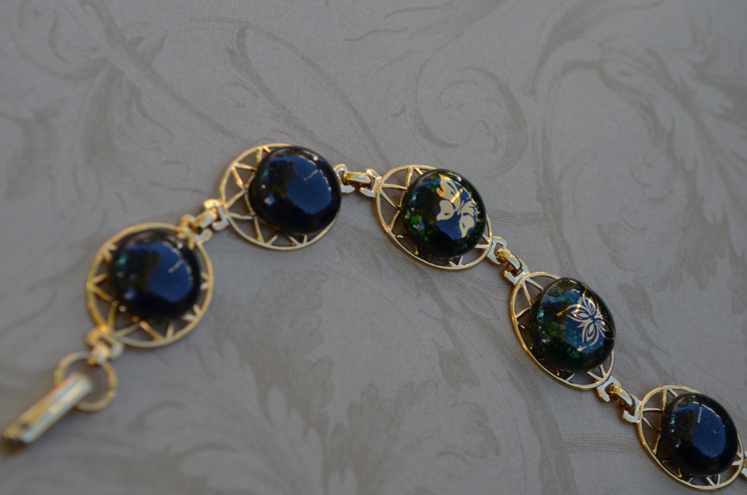 Fused Glass Bracelet, 22 Karat Gold Butterflies on Sparkly Green Glass, Gold Plated Bracelet, SRAJD