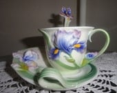 Vintage, wedding gift, collectable, hand made, Iris flower, dimentional designed, saucer, cup and spoon set, hard to find collectable