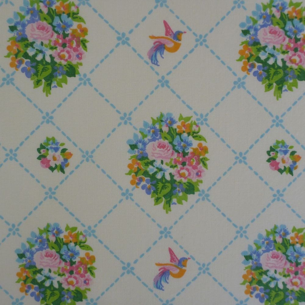 vintage fabric fat quarter (multicolor birds and bouquets on ecru)
