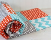 Baby Blanket - Unisex Baby Blanket - Gray, Orange and Aqua Blue Chevron