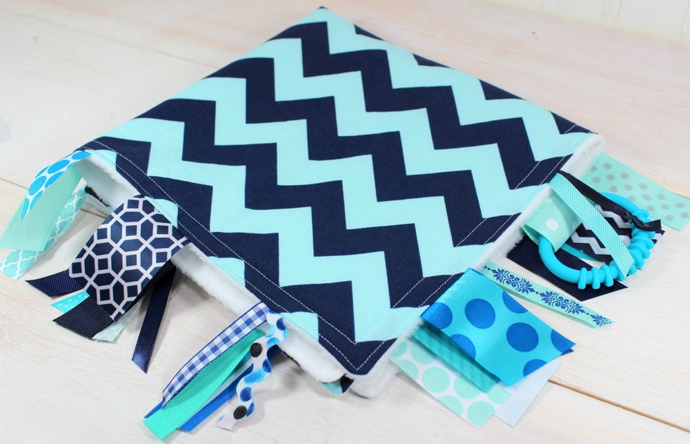 Tag Blanket - Baby Boy Blanket - Navy and Aqua Blue Chevron