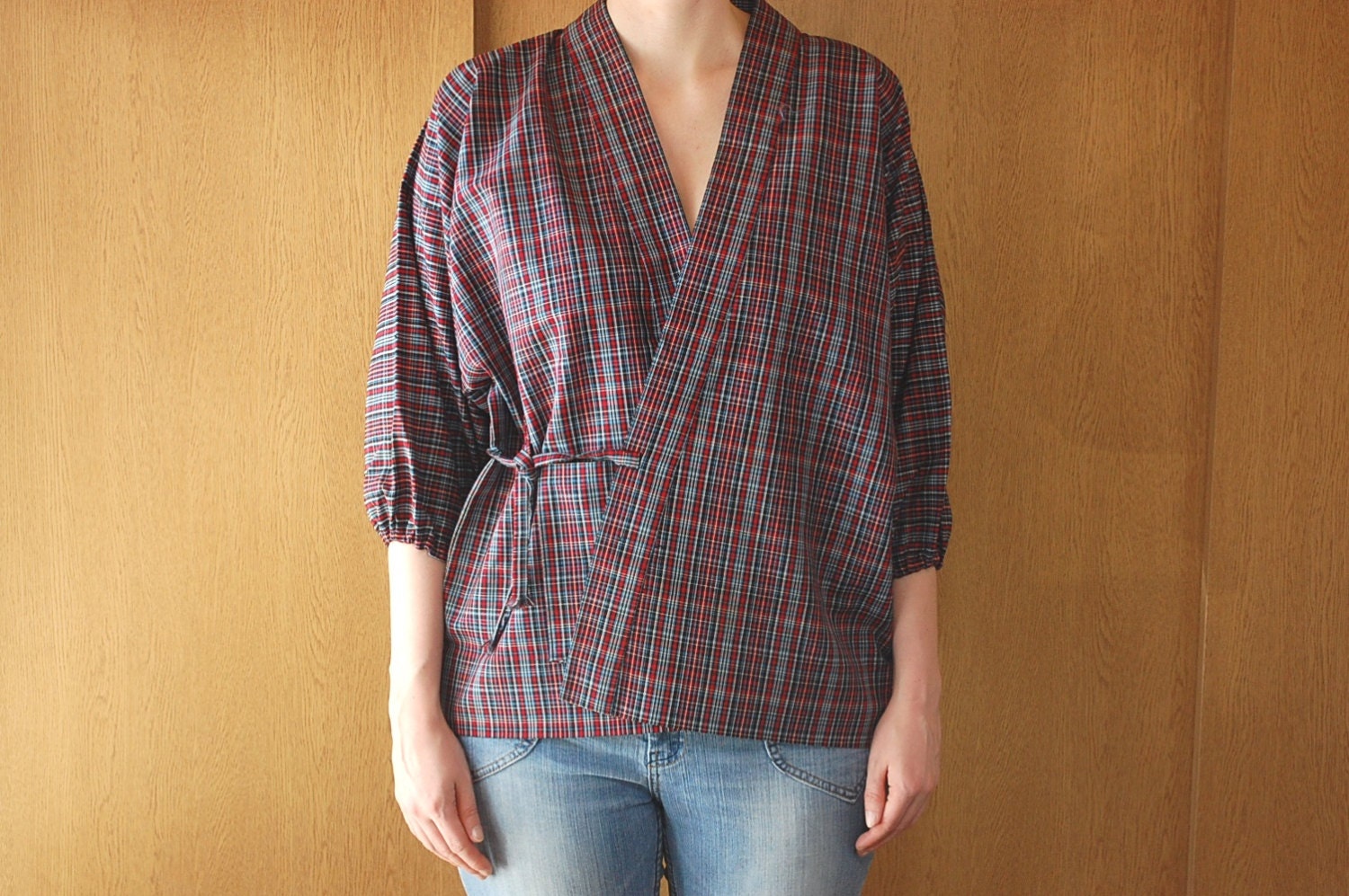 Wrap Style Kimono Blouse Blue Black Red