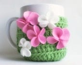 Spring Floral coffee cozy mug tea cup emerald green pink white garden crochet handmade cover