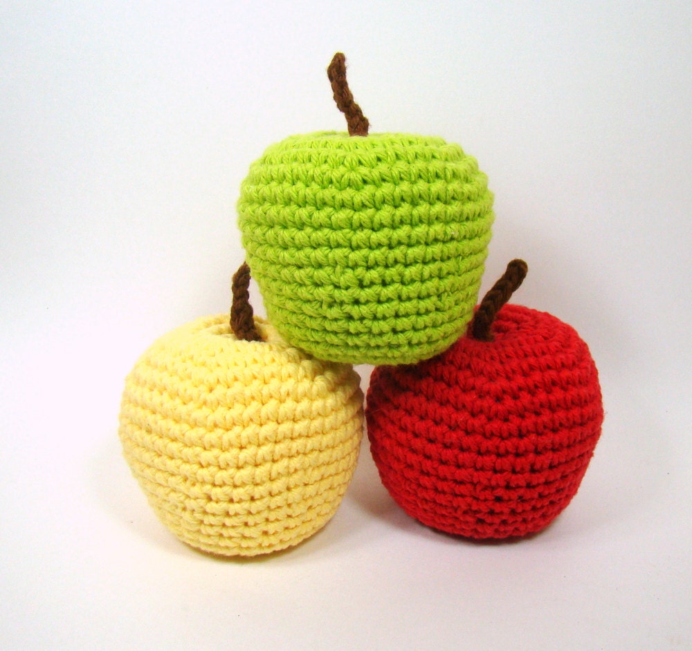 Crochet Apples Pretend Fruit Food, Plush Toy Set of Three, Made to Order, Red Delicious, Golden Delicious, Granny Smith