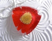 Passion-He Loves Me, He Loves Me Not-Vivid Red Daisy Real Pressed Flower Glass Triangle Pendant-Captured Childhood Memories