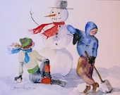Snowman children playing winter original watercolor painting impressionism snow scene 16 x 20 frame ready