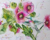 hummingbirds hollyhocks garden original watercolor painting landscape impressionism bird 16 x 20 frame ready