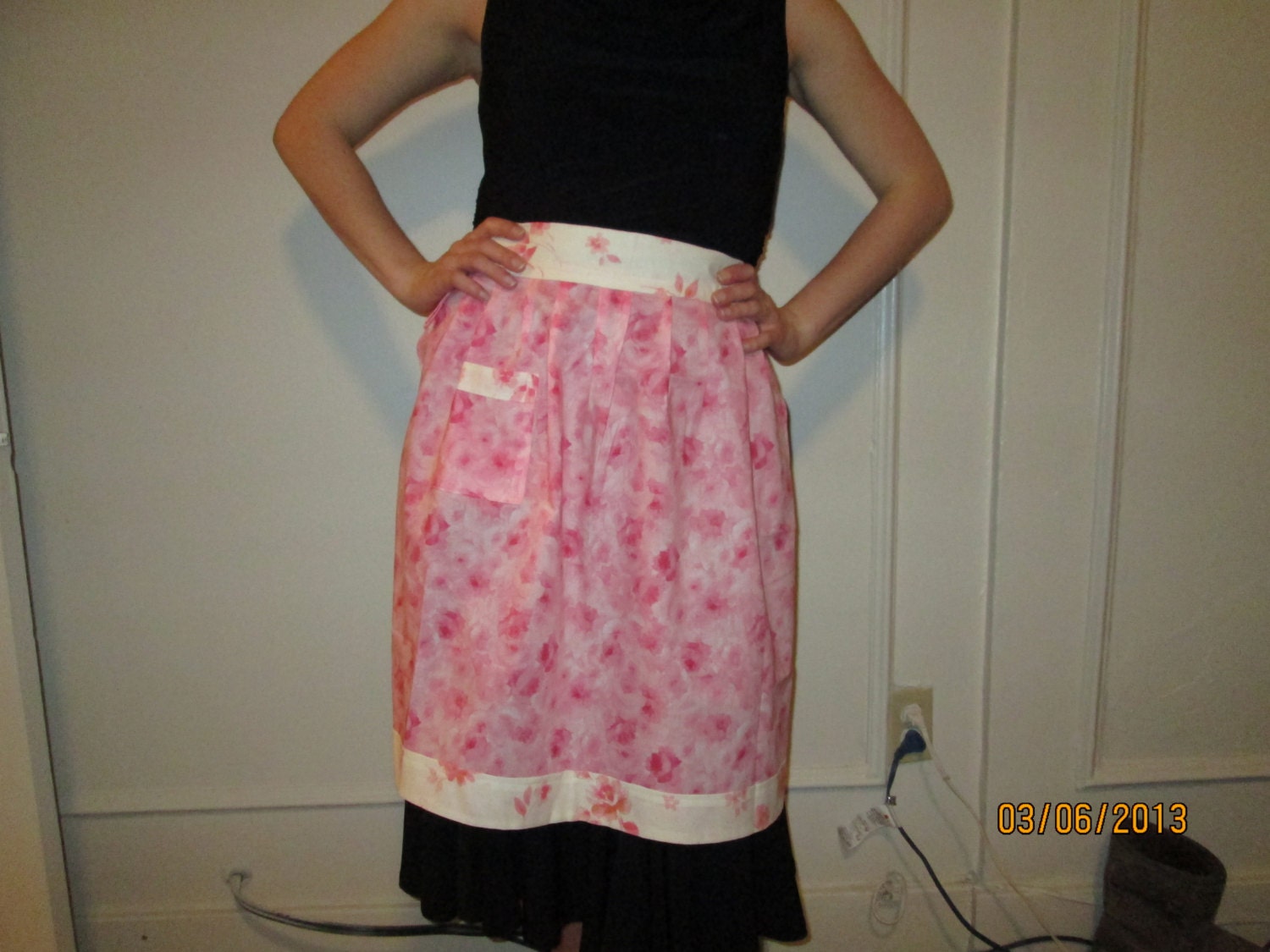 SALE Half Apron:  Pink Floral Body with Cream Floral Trim